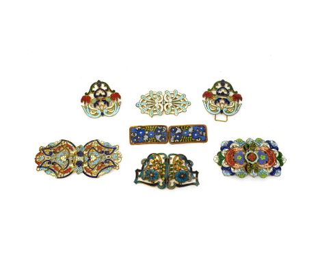 Circa 1930s and Later Cloisonne Enamel Decorated Buckles on Gilt Metal, comprising three of Isnik design with floral motifs; 