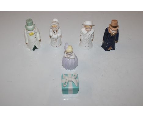 Five Royal Worcester candle snuffers, "Boy with Boater"; "Girl with Muff"; "Hush"; "Budge" and a white glazed version "Budge"