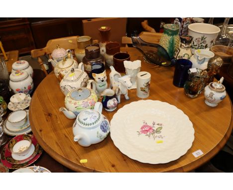 A Royal Doulton harvest ware jug, various teapots, stoneware jug, Spode rose decorated dish, plate, Portmeirion botanic garde