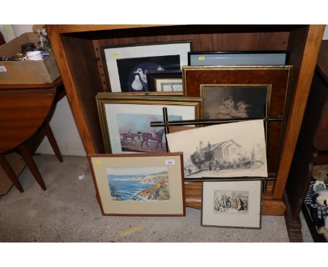 A quantity of various pictures and prints and a map, to include watercolour study depicting a shoreline; pencil sketch contai