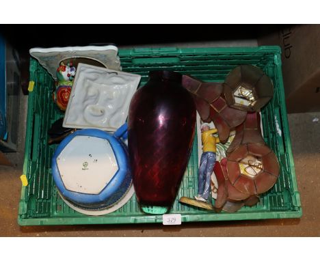 A box containing various light shades, Royal Doulton figure 'teeing off' AF, Amethyst colour vase, easel frame etc&nbsp;&nbsp
