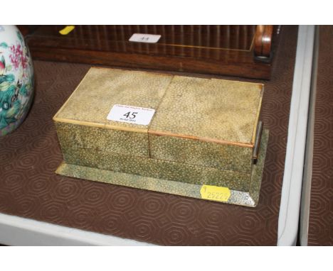 A shagreen smokers box and contents of Royal Worcester ashtrays
