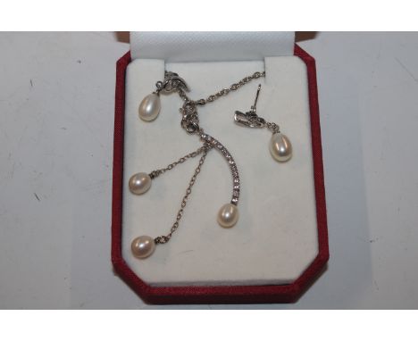 A sterling silver cultured pearl and cubic zirconia necklace and ear-rings and one other cultured pearl ear-rings