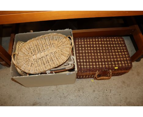A wicker picnic hamper together with a box of various wicker baskets