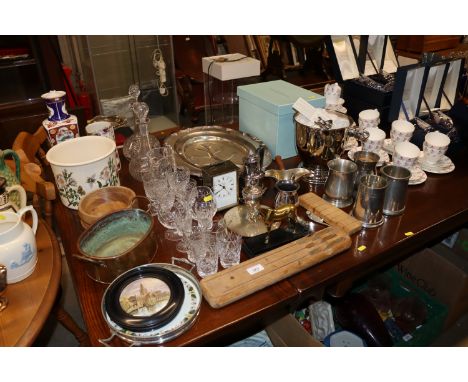 A quantity of various silver plated ware and china including Portmeirian botanic garden ice bucket, decanters and stoppers, v