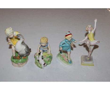 Three Royal Worcester figurines "Goosey Goosey Gander"; "Two Babies"; "Home Time" and a Royal Worcester days of the week figu
