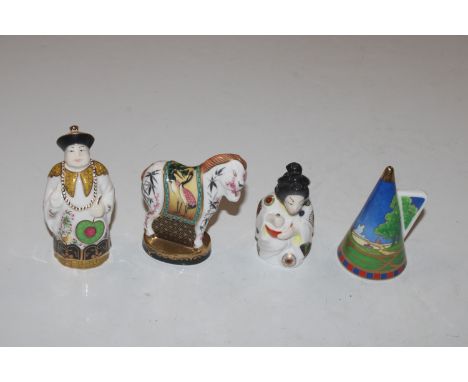 A Royal Worcester model "Chinese Year of the Horse" and three Royal Worcester candle snuffers "Japanese Girl"; "Mandarin" and