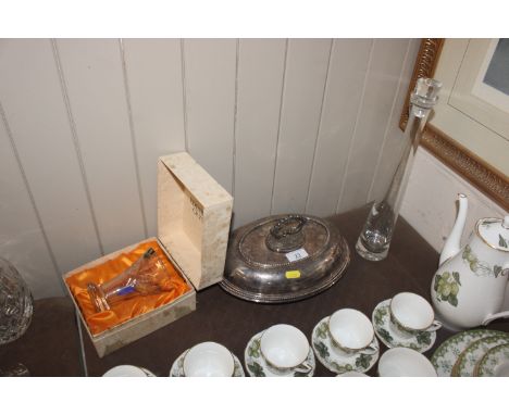 A silver plated entrée dish and cover; a glass decanter and stopper and a boxed Edinburgh crystal glass vase