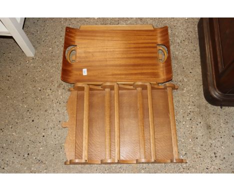 A teak folding bed tray together with an oak shelf