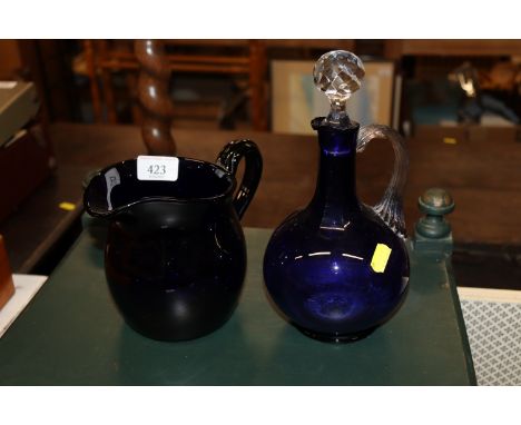 A Bristol blue glass style jug and decanter