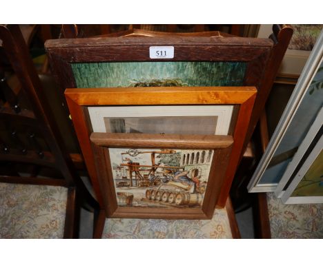 A set of four framed hand painted Delft tiles together with a framed and glazed print "The New Cutter Yacht Fandura" and an o