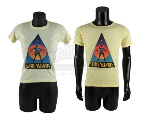 Two crew T-shirts from the production of George Lucas' Star Wars: A New Hope. T-shirts were gifted to members of the crew.The