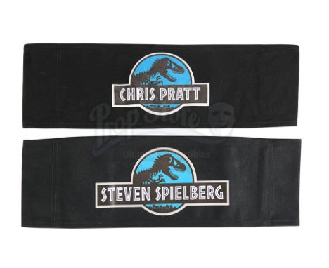Steven Spielberg and Chris Pratt's chair backs from the production of Colin Trevorrow's action-adventure sequel Jurassic Worl