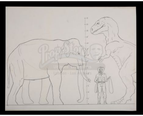 A Ray Harryhausen hand-drawn scale comparison of the allosaurus Gwangi from Jim O'Connolly's Western adventure The Valley of 