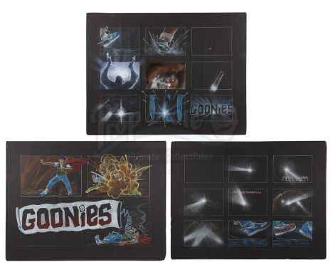 A set of hand-drawn storyboards from the production of Richard Donner's adventure film The Goonies. Hand-drawn by renowned ar
