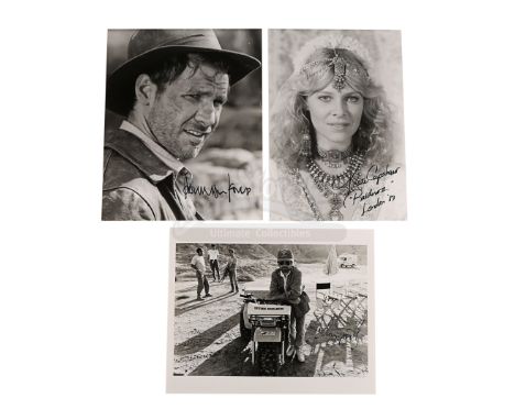 A set of three autographed photographs from Steven Spielberg's Indiana Jones trilogy. The black-and-white stills include head