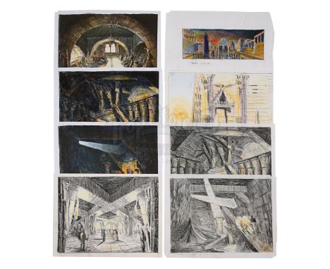 A set of Allan Cameron hand-drawn colour concept artworks from the production of Stephen Sommers' action adventure The Mummy.
