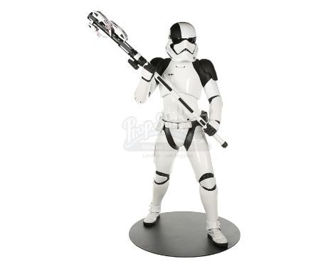 A life-size First Order Executioner Stormtrooper figure display from the promotion of Rian Johnson's Star Wars: The Last Jedi