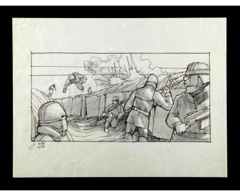 A hand-drawn Joe Johnston Rebel troopers on Hoth storyboard from the production of Irvin Kershner's Star Wars: The Empire Str