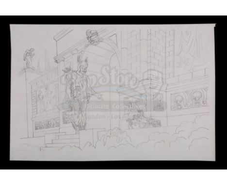 A hand-drawn Ray Harryhausen concept sketch showing Jason's (Todd Armstrong) arrival at Mount Olympus from the production of 