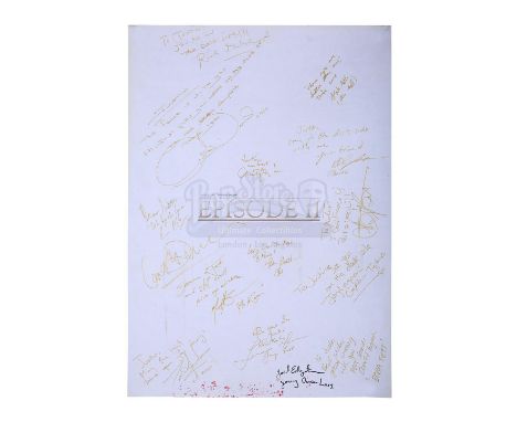 A cast-and-crew-autographed sheet from the production of George Lucas' Star Wars: Attack of the Clones. The white paper sheet