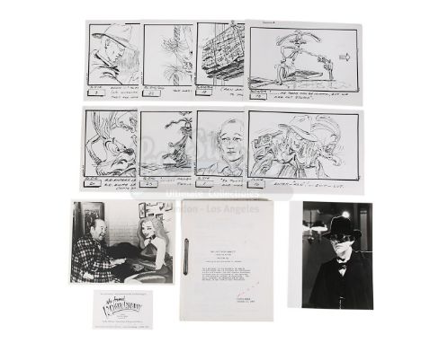 A script, a set of storyboards, two black-and-white stills and a crew screening ticket from the production of Robert Zemeckis