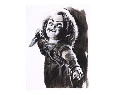 A hand-painted artwork depicting the serial-killer doll Chucky created for the 2004 DVD release of Tom Holland’s horror film 