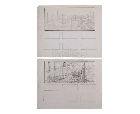 Two hand-drawn sketches from the production of Ridley Scott's sci-fi thriller Blade Runner. Created by effects illustrator To