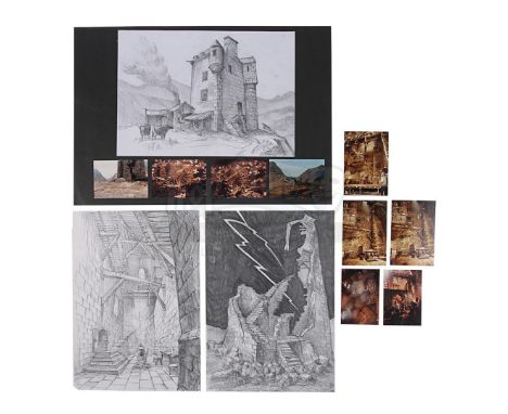 A set of three concept drawings by production designer Allan Cameron and a collection of photos from the production of Russel