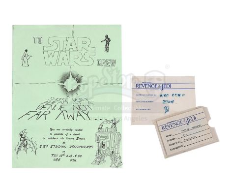 A cast-and-crew party invitation, ID card and car pass from the production of Richard Marquand's Star Wars: Return of the Jed