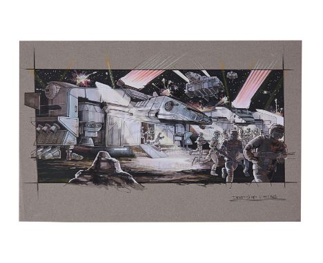 A hand-painted concept artwork by artist Jim Martin of the dropship landing from the production of Paul Verhoeven's sci-fi ac