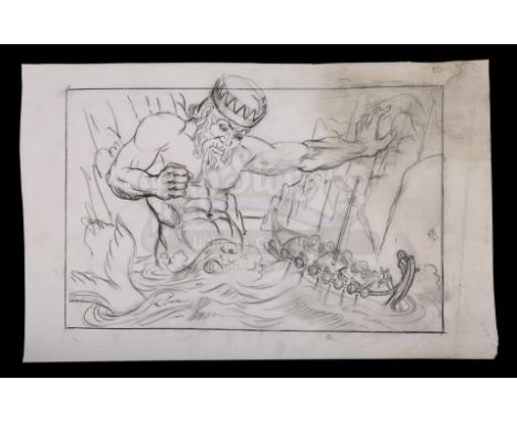 A hand-drawn Ray Harryhausen concept sketch of Triton (William Gudgeon) and the Argo from the production of Don Chaffey's fan