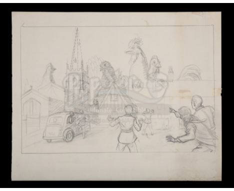 A hand-drawn Ray Harryhausen concept sketch (c.1961) showing giant chickens from an unrealised adaptation of H.G. Wells' nove