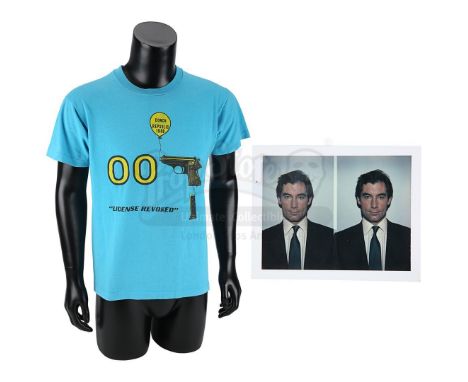 James Bond's (Timothy Dalton) passport photos and a crew T-shirt from the production of John Glen''s Bond movie Licence to Ki