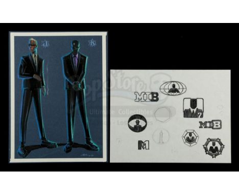 Hand-drawn John Bell "J and K" and logo concept illustrations from the production of Barry Sonnenfeld's sci-fi comedy Men in 