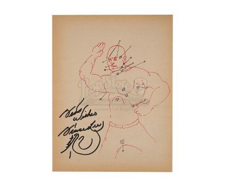 A hand-illustrated and autographed Jeet Kune Do drawing by Bruce Lee, created c.1968. Jeet Kune Do is a martial arts system f