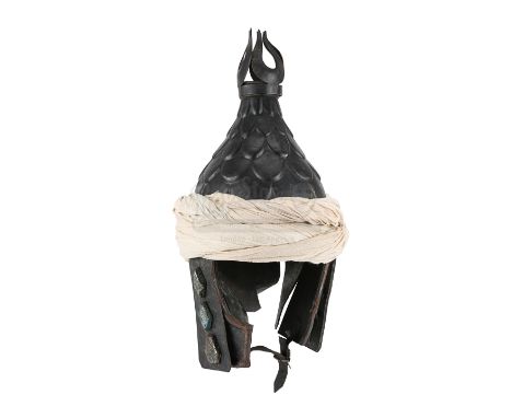 A temple of Set guard helmet from John Milius' fantasy film Conan the Barbarian. Temple guards wore their pointed helmets whi