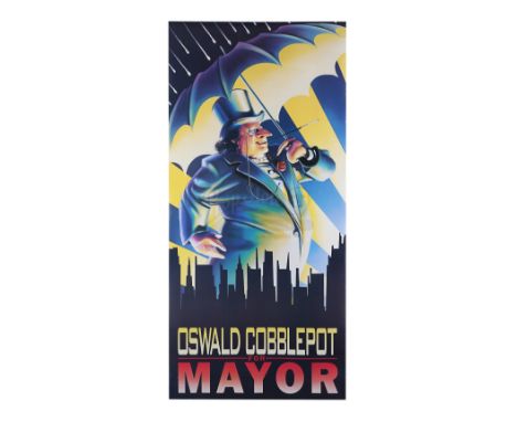An "Oswald Cobblepot for Mayor" election poster from Tim Burton's superhero sequel Batman Returns. Posters decorated the wall