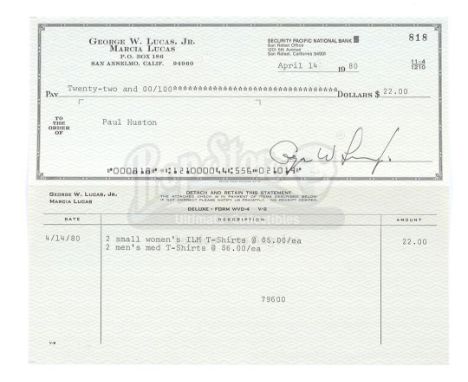 A George Lucas-signed check from the production of Irvin Kershner's Star Wars: The Empire Strikes Back. During the production