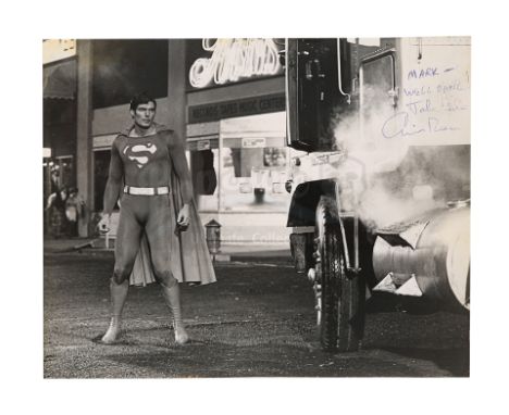 A still autographed by Christopher Reeve from the production of Sidney J. Furie's superhero sequel Superman IV: The Quest for