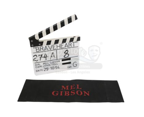 Mel Gibson's chair back and a clapperboard from the production of Gibson's historical epic Braveheart. The clapperboard is ma