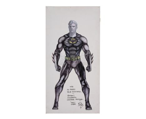 A hand-drawn Batman (Michael Keaton) costume design from the production of Tim Burton's superhero film Batman. Created by Aca