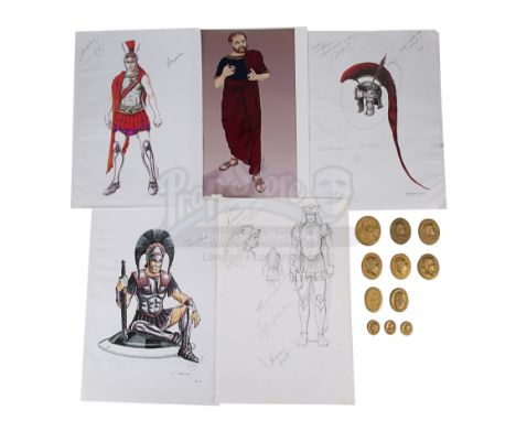 A set of hand-drawn costume sketches for Alexander (Colin Farrell), printed character concept designs, and 11 gold coins from