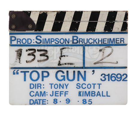 A clapperboard from the production of Tony Scott's action film Top Gun. The clapperboard consists of an acrylic slate with a 