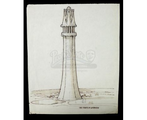 A hand-drawn Ron Cobb Tower of Serpents concept sketch from the production of John Milius' fantasy adventure Conan the Barbar