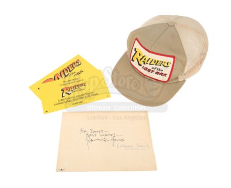 Harrison Ford's autograph, a crew cap and a pair of screening tickets from the production and promotion of Steven Spielberg's