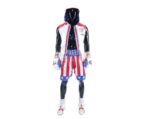 Adonis Creed's (Michael B. Jordan) ringside costume display from Ryan Coogler's sports drama Creed. Creed wore his costume wh
