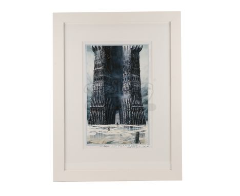 A framed Alan Lee print of Isengard dedicated to Sir Christopher Lee from the production of Peter Jackson's fantasy epic The 
