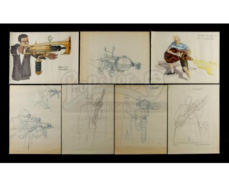 Seven hand-drawn John Bell weapon concept illustrations from the production of Barry Sonnenfeld's sci-fi comedy Men in Black.
