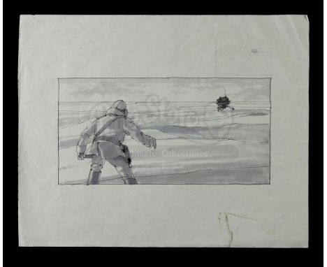 A hand-drawn Joe Johnston storyboard of Han Solo (Harrison Ford) and a probe droid from the production of Irvin Kershner's St